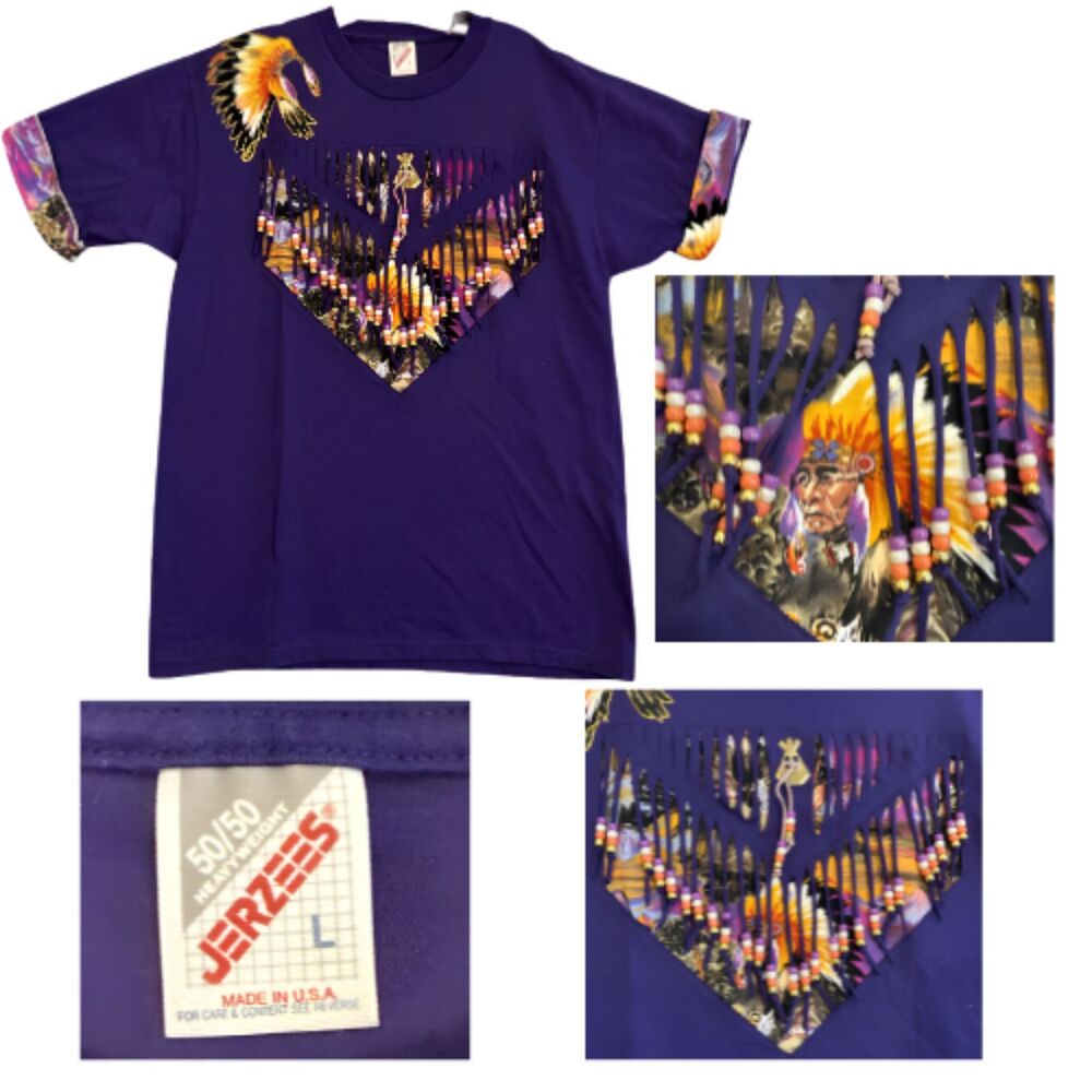 Amazing Vtg 80's Jerzees Single Stich Purple Native American Beaded Large TShirt